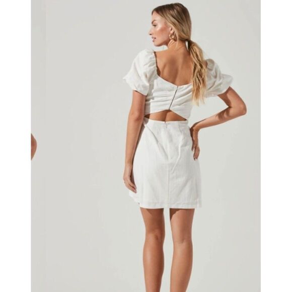 ASTR Pleat Front white minidress Viscose Linen blend Dress cross back puff sleev - Picture 15 of 15